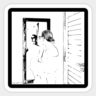 Black and White Mirror Mirror Woman in a Bathrobe Sticker